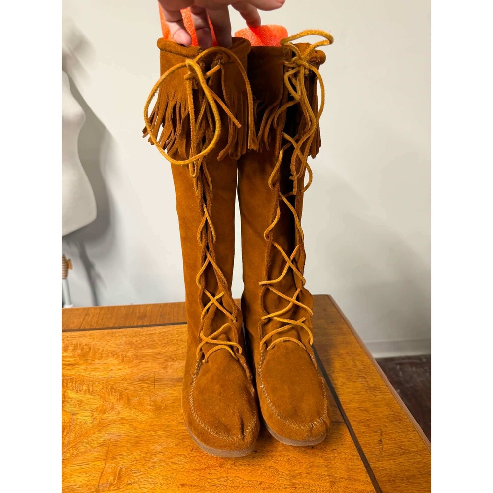 Minnetonka Womens 9 Brown Boots Moccasin Front Lace Knee High Fringe 1922